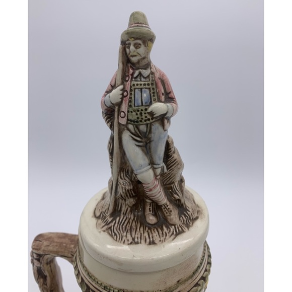 Vintage Ceramic Relief Pub Scene Hunter/Dog with 3D Lid- Beer Stein, Signed Kim - Picture 3 of 12